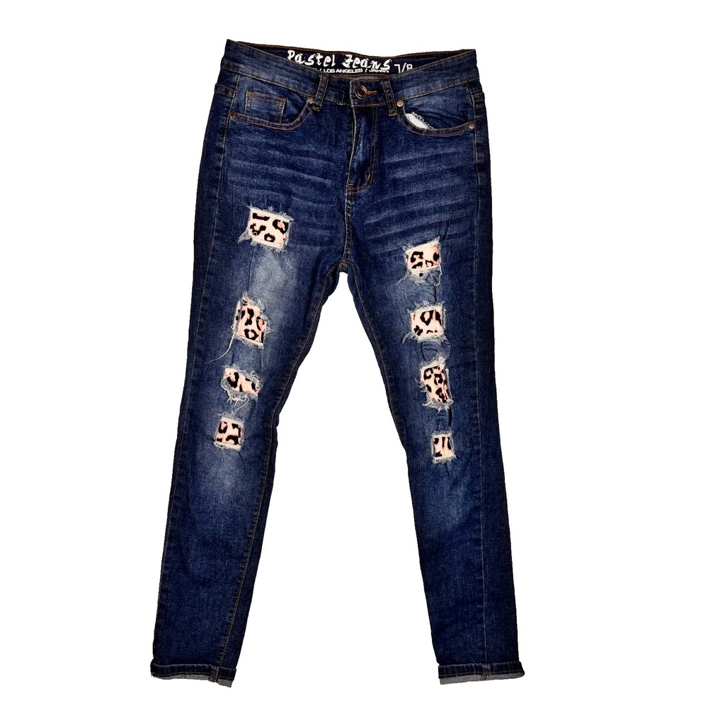 Pastel Jeans Skinny Distressed Leopard Patch Jeans Women's Juniors 7/8 Dark Wash